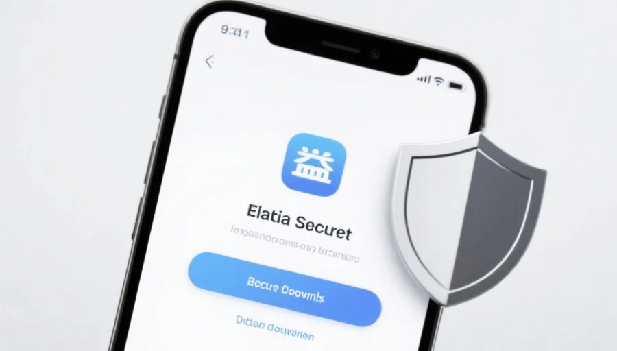 一部现代智能手机屏幕上显示安信16应用的安全下载界面,旁边有安全盾牌图标,背景简洁