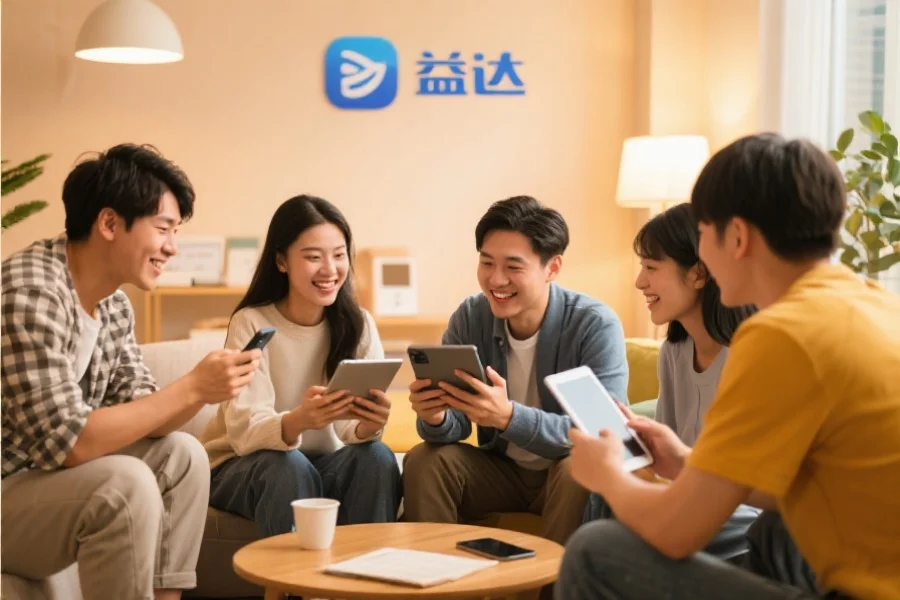 一群年轻用户围坐在一起，使用平板和手机愉快地交流，背景温馨现代，象征安信16应用的社区活跃氛围